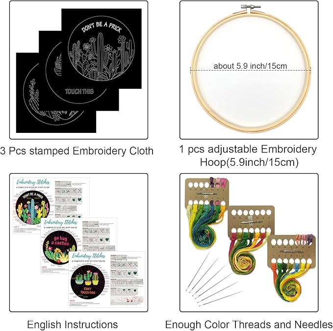 Louise Maelys Funny Cactus Embroidery Kits for Beginners,Cross Stitch Kit for Adults,Starters DIY Needlepoint Including Plant Pattern,Hoop,Instruction and Threads