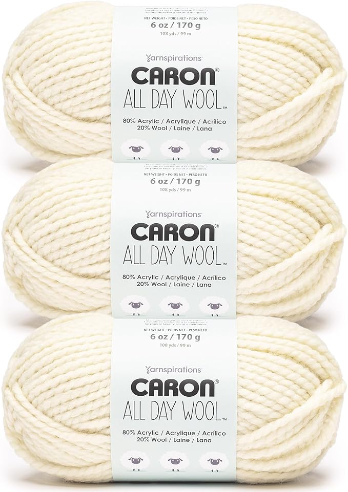 Caron All Day Wool Aran Yarn - 3 Pack of 170g/6oz - 80% Acrylic 20% Wool - # 6 Super Bulky - 108 Yards - Knitting/Crochet