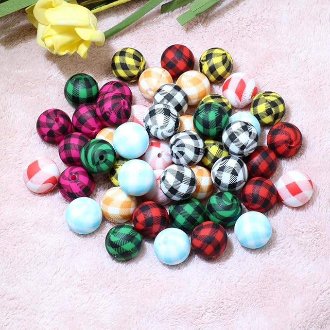 48Pcs 15mm Plaid Silicone Beads Bulk Flower Focal Silicone Beads for Keychain Making Necklace Jewelry DIY Bracelet Making Kit