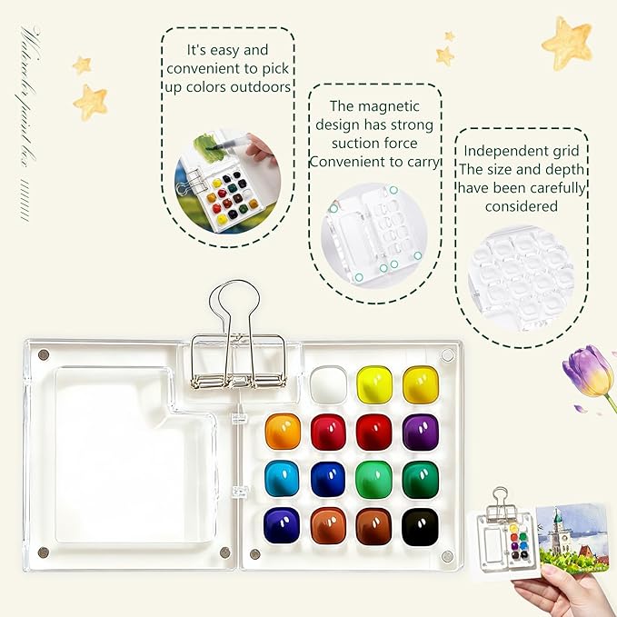 Portable Mini Watercolor Paint Set - All-in-One Travel Kit with Paints, Brushes, Palette, Bag, and Water Container - Perfect for Artists and Beginners-15 Grids
