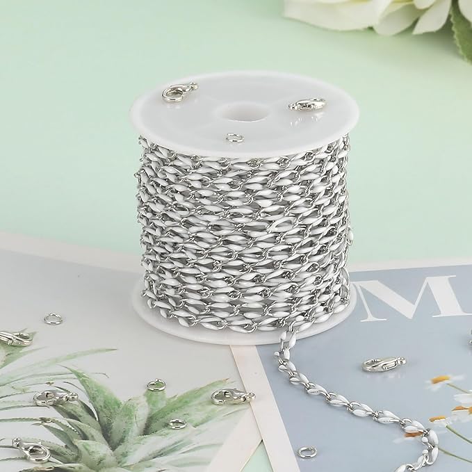 4 Meters White Oil Drip Lip Chain Link Silver Jewelry Chains for Making Jewelry Thin Craft Chain Roll with Lobster Clasps Jump Rings Supply Jewelry Making Findings