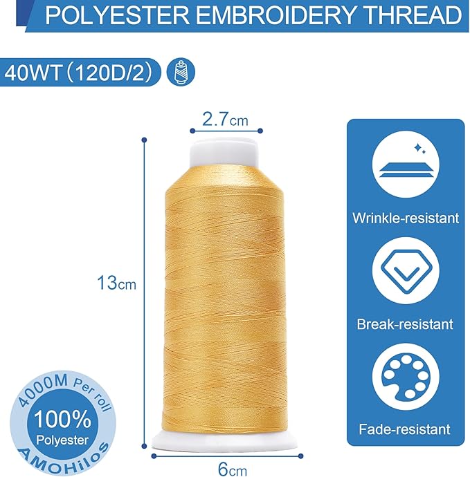 High Tenacity Polyester Embroidery Machine Thread 40WT(120D/2) 4000M Per Spool for Commercial and Domestic Embroidery Machine (Gold-1670)