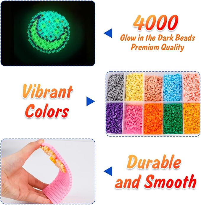 meland fuse beads - 24000pcs fuse beads kit for kids, 24 color 5mm iron beads set with 4 fluorescence color, 6 pegboards - craft kits gifts for birthday christmas
