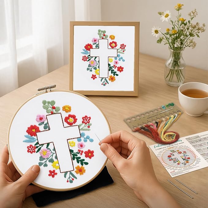 Louise Maelys Cross Embroidery Kits for Beginners, Easter Jesus DIY Cross Stitch Starter Craft Kit for Adults Including Cloth with Pattern, Hoop, Needles Instruction and Threads