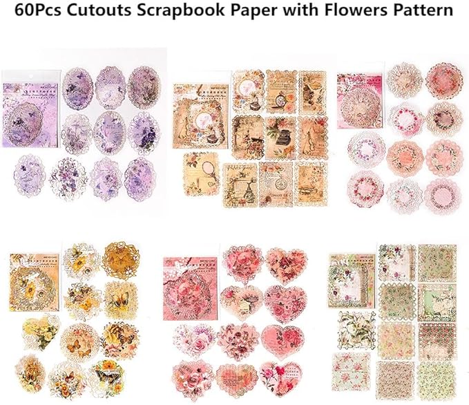 Antique Cutouts Lace Edge Scrapbook Paper, 60Pcs Decorative Floral Backround Paper for Scrapbooking, Journaling, Collage, Card Making, Junk Journal Supplies, Album Art Crafts