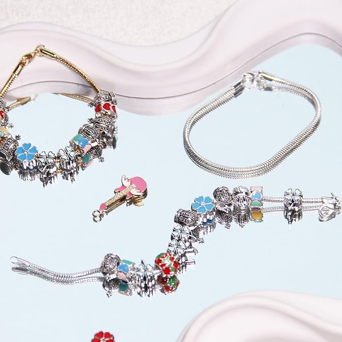 20 Pcs Snake Charm Bracelet Chain 7.5 Inch Gold Silver Charm Bracelet Kit, Dainty Stackable Snake Chain Bracelets with Polishing Cloth for Christmas Mother's Day Women Jewelry Making Gifts Supplies