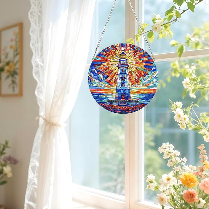 Lxmsja DIY Stained Glass Lighthouse Diamond Painting Hanging Ornament, Double-Sided Acrylic Sun Rays Diamond Art Kit, Special Shaped Suncatcher Hanging Pendant Window Art Kit