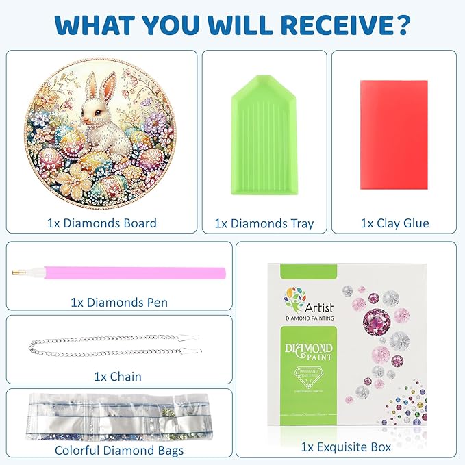 MEIYUDA Easter Bunny Diamond Art Hanging Kits for Adult, Easter Eggs Diamond Painting Hanging Kits Ornaments, DIY Special Shaped Rhinestone Window Pendant for Home Garden Wall Decor Gift