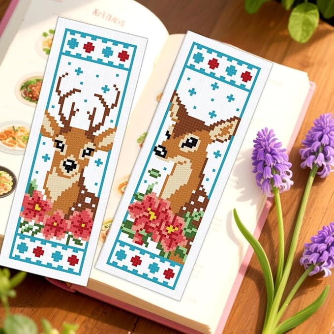 ORIGACH 6 Set Deer & Flower Cross Stitch Bookmark Kit for Beginner with Backing Felt Floss Instructions DIY Stamped Embroidery Bookmark Kit for Adults, Book Lovers