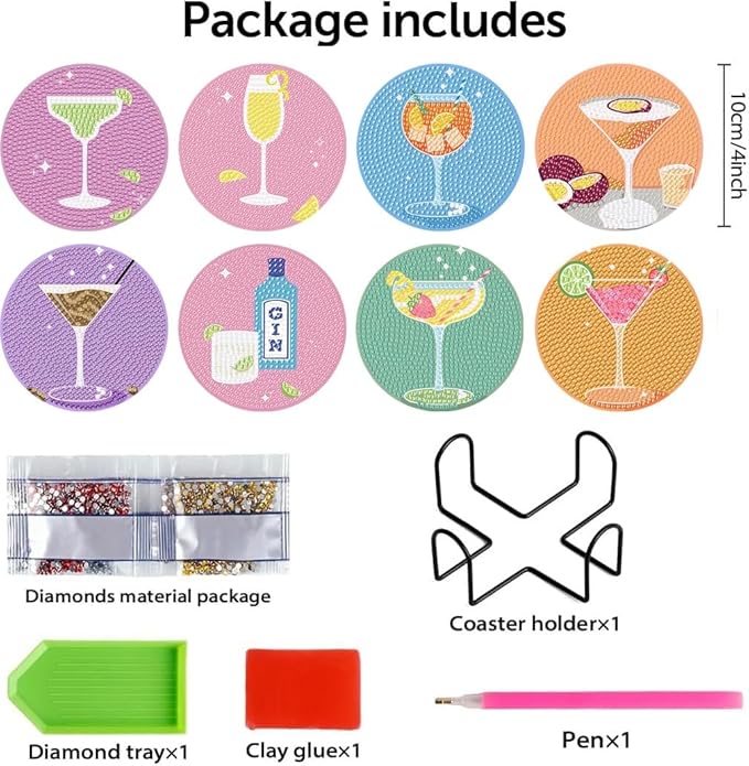 8Pcs Diamond Painting Coasters with Holder,DIY Cocktail Life Coaster Diamond Art Kits for Adults,Beginners Round Full Drill Diamond Art Craft Supplies