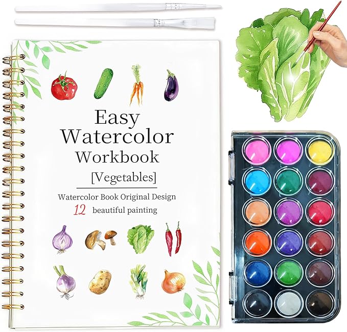 Easy Watercolor Workbook for Beginners - 12 Beautiful Step-by-Step Paintings Water Coloring Book, Includes 18 Colors Paints, Relaxing Art Projects and Creative Gift for Adults & Teen (Vegetables)