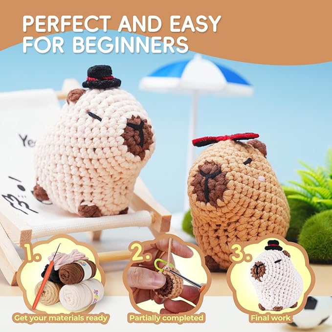 LUDOTEK Crochet Kit for Beginners, Crochet Animal Kits,Crocheting Kit for Starters with Step-by-Step Video Tutorials, Beginner Crochet Kits for Adults(Sitting Capybara)