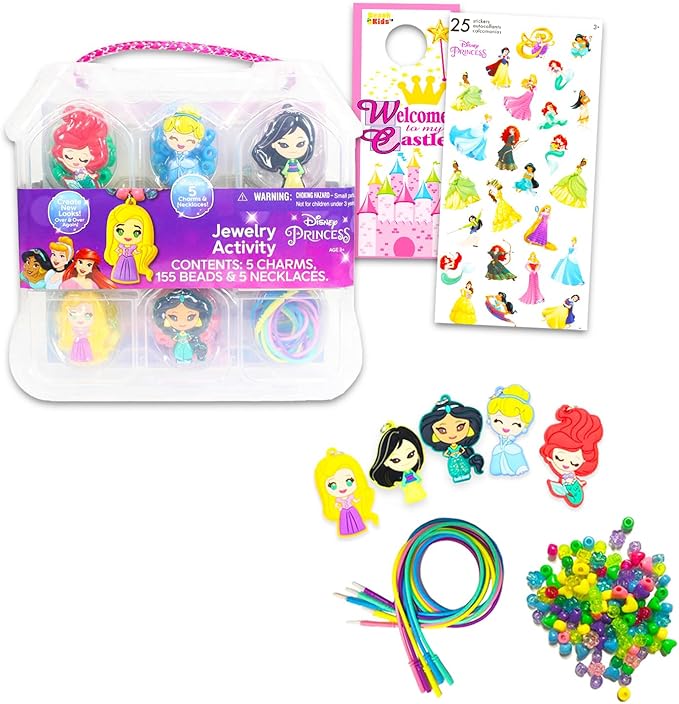 Disney DIY Necklace Activity Kit for Kids - Bundle with Princess Jewelry Making Kit with Beads and Charms Plus Stickers, More | Disney Princess Arts and Crafts for Girls