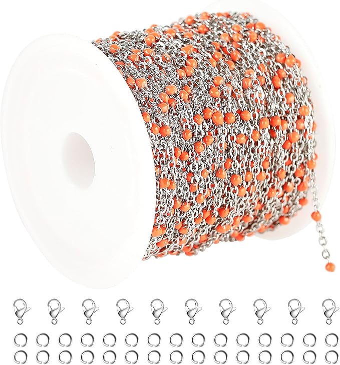 UMAOKANG 33 Feet Stainless Steel Jewelry Chains Bulk for Women Necklace DIY Orange Enamel Beaded Chain for Jewelry Making with Jump Rings and Lobster Clasps