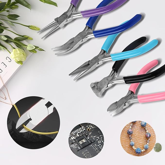 5 pcs jewelry making pliers tools,includes needle,round,chain, bent & zipper pliers for repair, wire wrapping & crafts diy craft jewelry making supplies