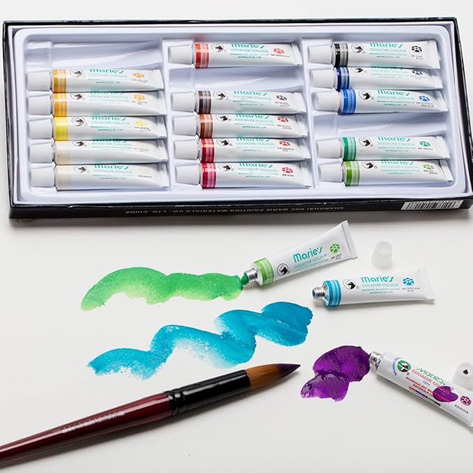 Marie's Artist Gouache Paint Sets - Highly Pigmented Gouache for Painting, Artists, Illustrators & Designers - Set of 12 Assorted Color Tubes (12mL/0.4oz)
