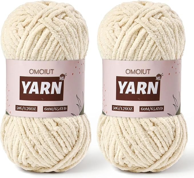 2 Packs Plush Chenille Chunky Crochet Yarn - Baby Yarn for Crocheting Soft - Velvet Yarns Knitting for Blankets Crafts - Fluffy Amigurumi Yarns 100g/131yds (2 Beige)