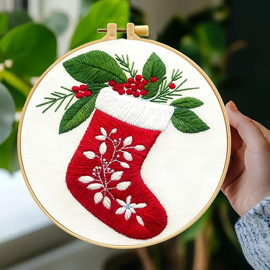 Zhenqing Christmas Stocking Embroidery Kit - 29x29cm Printed Fabric, Hoop & Tools for Beginners (C0035)