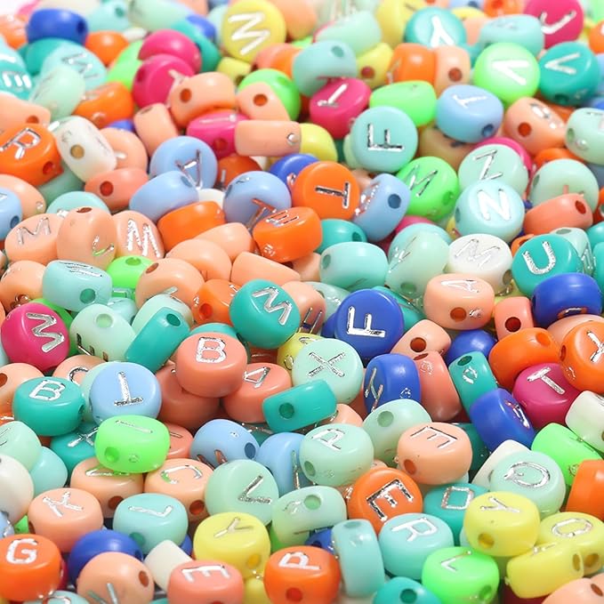 Yochus 1000pcs Bulk Colorful Round Acrylic Alphabet Letter Beads 4x7mm Silver Letter A-Z Beads for Jewelry Making and DIY Bracelets, Necklaces, Key Chains