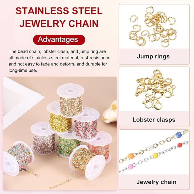 MECCANIXITY Stainless Steel Bead Chain, 16.4 Feet/5M Enamel Beaded Jewelry Link Cable Chains Spool Kit for Jewelry Making, Necklace, Bracelets, DIY Crafts (Gold/Blue, Pack of 1)