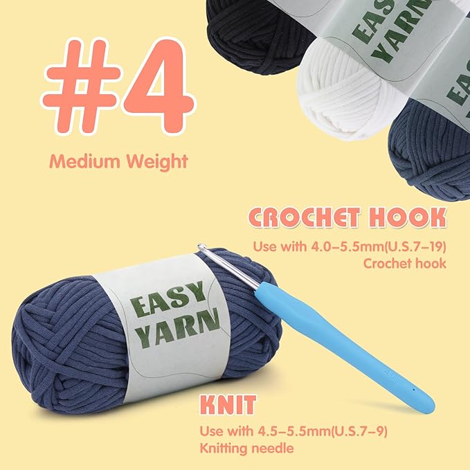 UzecPk 4x50g (7.1Oz) Yarn for Crocheting, 4x87Yds Crochet Yarn for Crocheting, Easy-to-See Stitches, Blend Crochet Kit Making Milky (Dark Blue&Light Gray&Dark Gray&Black)