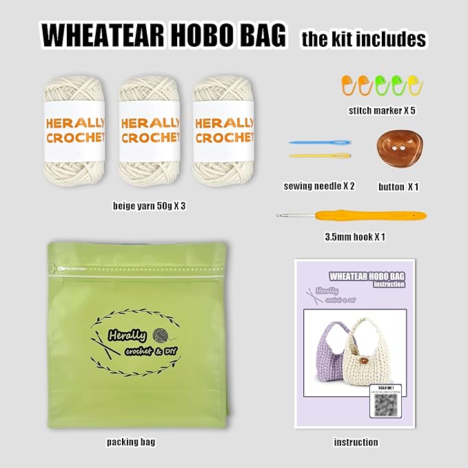 Herally Crochet Kit DIY for Beginners - Include Yarn, Hook and Accessory - with Step by Step Video Tutorials - Wheateat Hobo Bag (Beige)