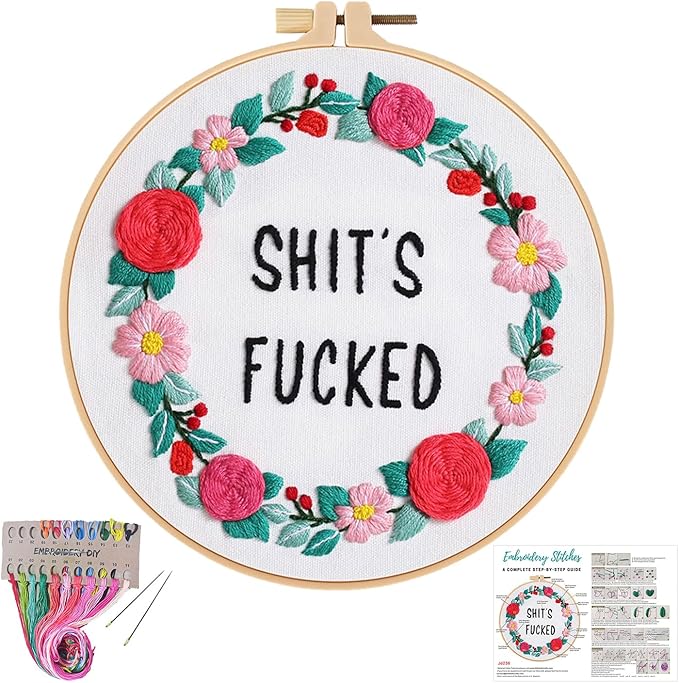 Louise Maelys Funny Embroidery Kit for Beginners,Cross Stitch Kits for Adults,Flower Wreath Needlepoint for Starters Including Instruction and Threads