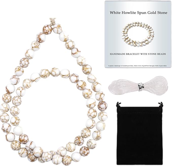 Stone Beads, 60pcs White Howlite, 6mm Round Loose Beads for Jewelry Making, Bracelets, with Bag, String & Card