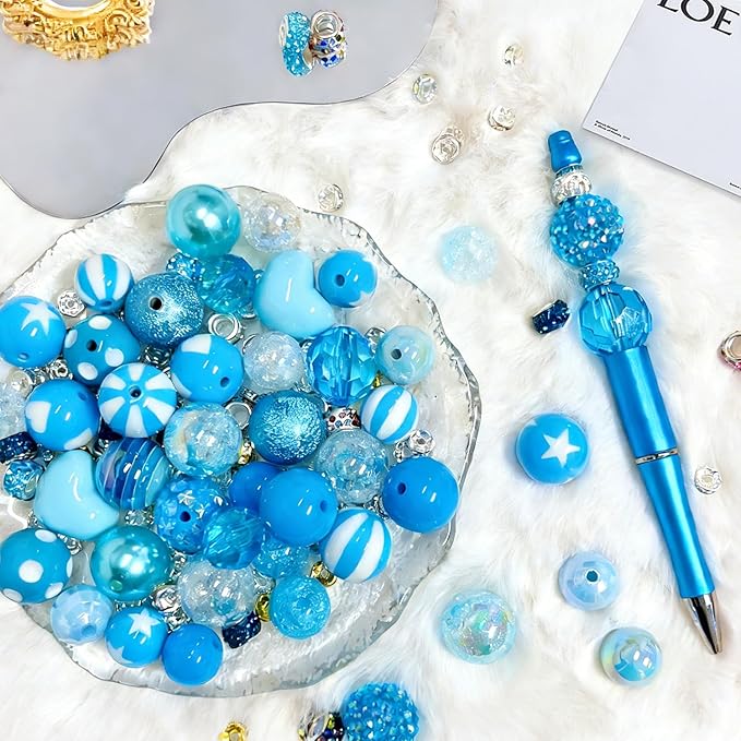 163 Pcs Pen Beads for Beadable Pens: Bubblegum Beads for Pen Making Bulk with Spacer Bead Rhinestone Bead (Blue)