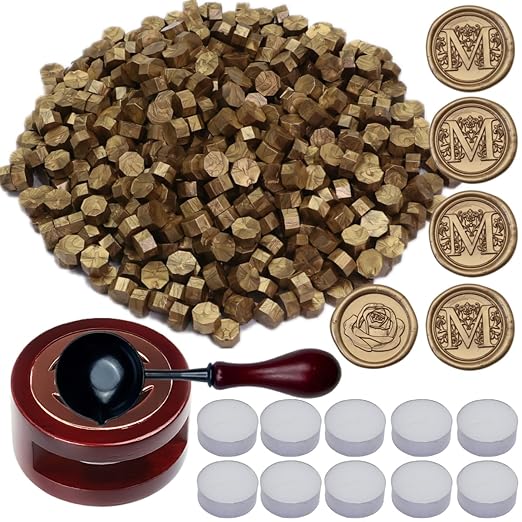 Antique Gold Sealing Wax Beads, ONWINPOR 400pcs Wax Seal Kit with Warmer, Non-Slip Spoon, Candles for Envelopes, Stamp Letter Seal,Wedding Invitations (Antique Gold)