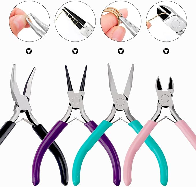 4Pcs Jewelry Pliers Set Jewelry Making Pliers Tools Kit Include Jewelry Making Needle Nose Chain Nose Round Bent Pliers Wire Cutter for Bracelet Beading DIY Craft Jewelry Making Supplies