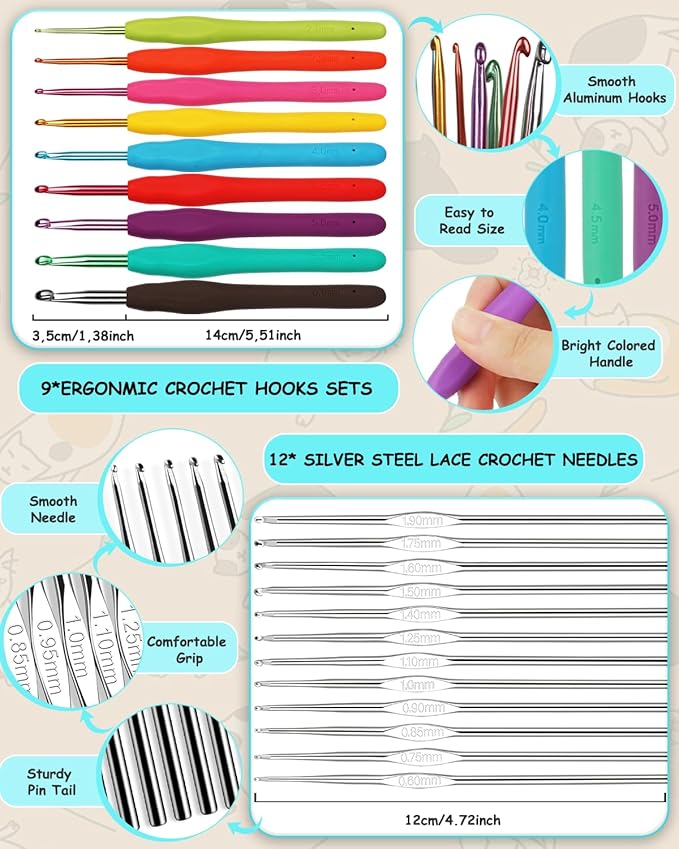aeelike crochet kit with bag for travel, easy learn to crochet kit for beginners all age,69pcs crochet starter kit include crocheting instruction, 21pcs crochet hooks,15pcs yarn and storage bag