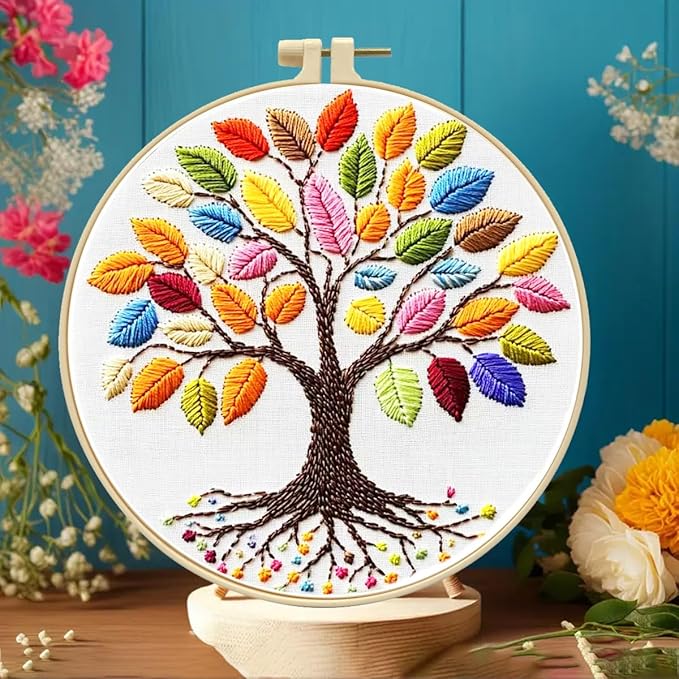 Zhenqing Rainbow Tree of Life Embroidery Kit for Beginners - 29x29cm Printed Fabric with Hoop & Full Tools (C0060)