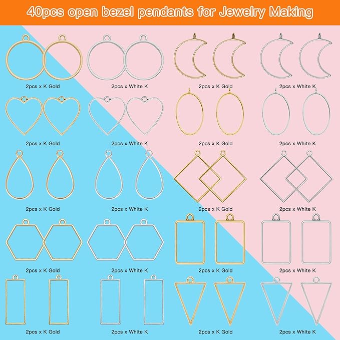 40pcs Open Bezel Pendants for Resin,2 Colors 10 Styles Assorted Geometric Hollow Frame Pendant Open Frame Pendant for Jewelry Making,Resin Casting,Pressed Flower,DIY Crafts(K Gold,White K)