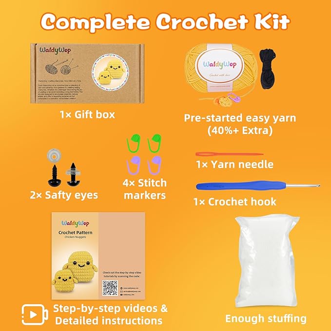 WaldyWop Crochet Kit for Beginners: 2 PCS Easy Complete Knitting Kit with Step by Step Video & Written Tutorials, Soft Yarns (Extra 40%), Hook - Birthday Gift Set for Women (Chicken Nuggets)
