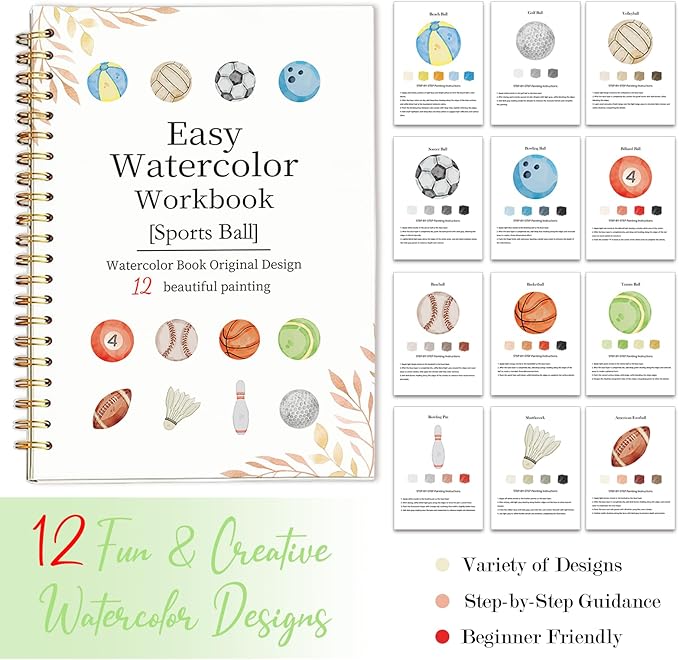 Easy Watercolor Workbook for Beginners - 12 Beautiful Step-by-Step Paintings Water Coloring Book, Includes 16 Colors Paints, Relaxing Art Projects and Creative Gift for Adults & Teen (Sports Ball)
