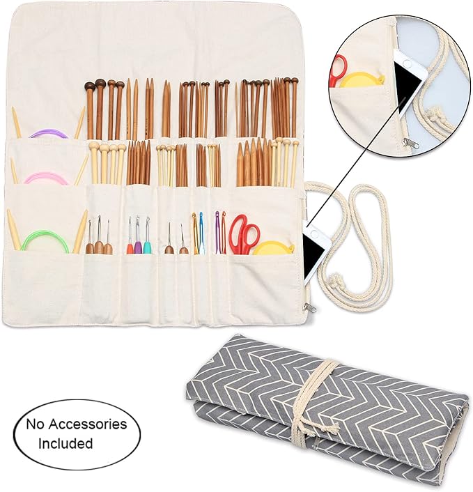 Teamoy Knitting Needles Holder Case(up to 14 Inches), Rolling Organizer for Straight and Circular Knitting Needles, Crochet Hooks and Accessories, Gray - NO Accessories Included