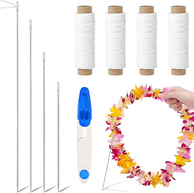 kaiolbly 9 Piece Lei Needle Kit Lei Making Supplies with 4 Long Needles 4 Waxed Strings 1 Sewing Scissors for Hawaiian Leis Stitch Crafts DIY Floral Garland