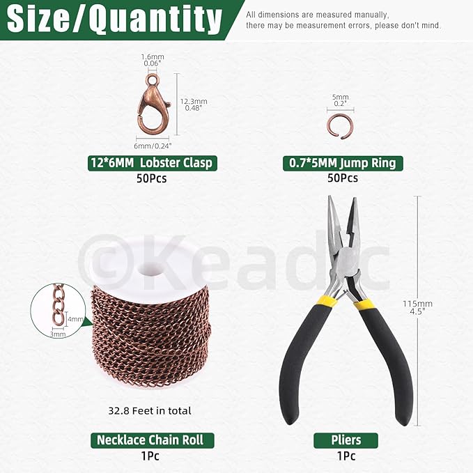 Keadic 102Pcs 30 Feet Jewelry Making Chains Kit W 3mm Metal Necklace Twisted Links Chain, Lobster Clasps, Open Jump Rings and Jewelry Pliers for Bracelet Earring Anklet DIY (Copper)