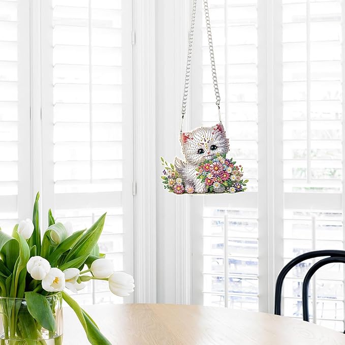 Tontut 5D DIY Diamond Art Painting Pendant kit, Flower cat Special-Shaped Hanging Crystal Window Pendant kit, Adult Gift Home Curtains, Yard Entrance Decoration
