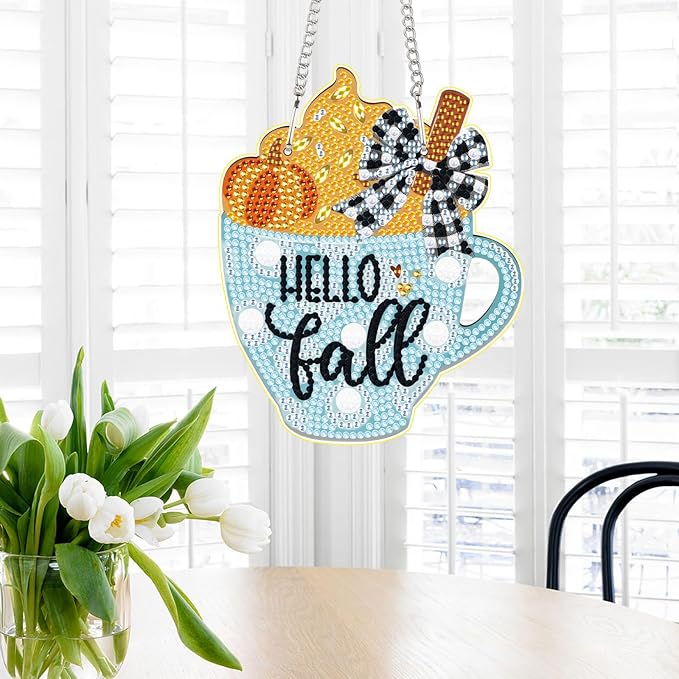 AiYuanzsh Hello Fall Diamond Painting Hanging Kit, 5D DIY Cup Shaped Ornament, Crystal Rhinestone Diamond Art Pendant for Window, Door or Wall Decoration, Thanksgiving Autumn Home Décor Craft Gift