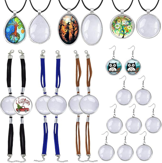 Pendant Trays Set with Cabochon Glass, Mix Pendant Bezel Blank Trays Bracelet Bangles Earrings Blanks for DIY Photo Cameo Jewelry Making Crafts