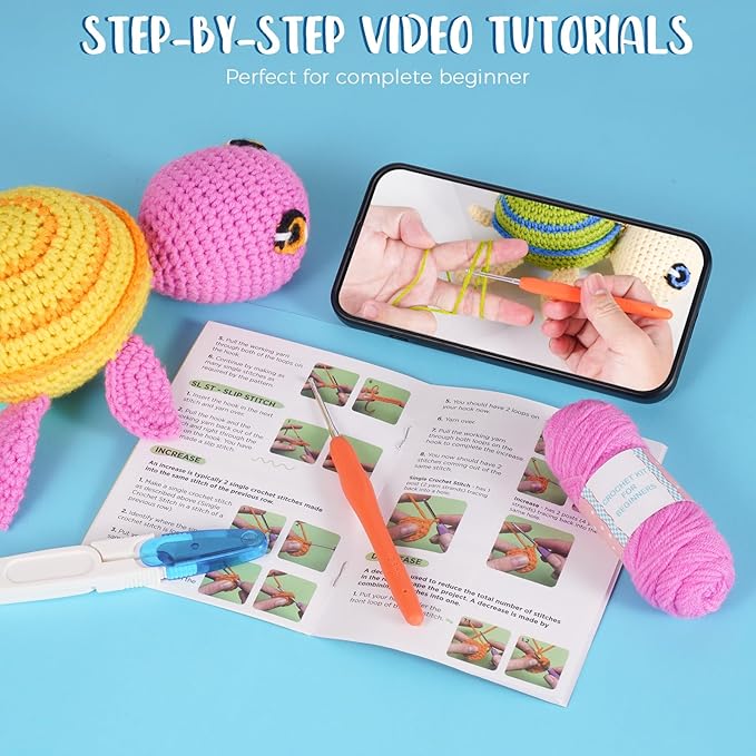 Hadwoer Crochet Kit for Beginners, Crochet Animal Kit, DIY Crochet Animal Kit with Step-by-Step Video Tutorials, Perfect for Beginners of All Ages - 3-Pack Turtle Set