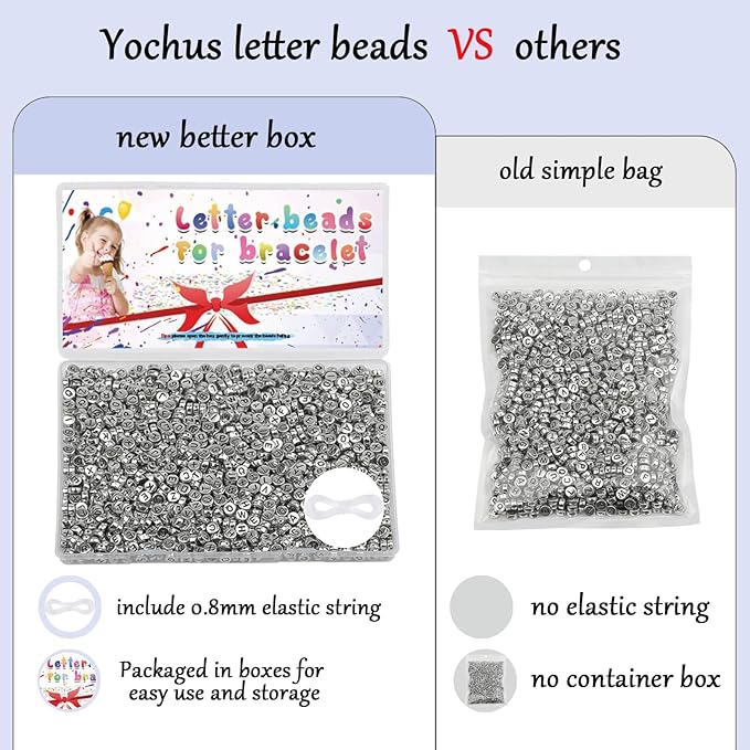 1000pcs Silver Letter Beads for Bracelets, 4x7mm Black Alphabet A-Z Beads Friendship Bracelets Jewelry Making Kit for Teen Girl Gifts
