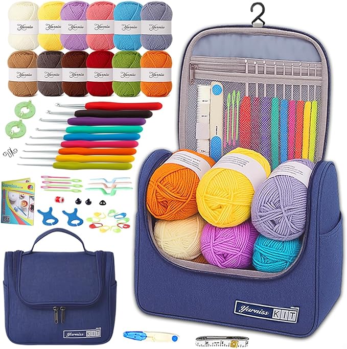 yarniss crochet kits for beginners,all in one crochet kits with 840 yards crochet yarn,ergonomic crochet hooks set with yarn for adults,navy