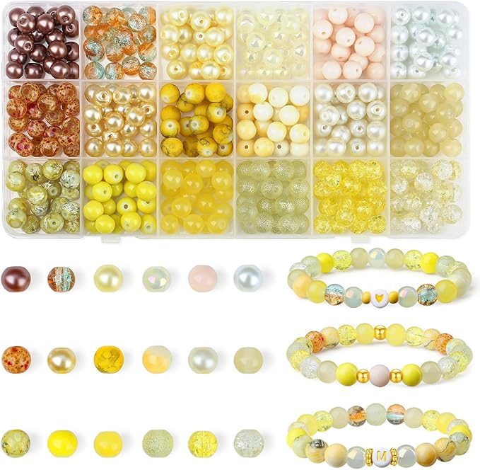 DUQGUHO 8mm Yellow Beads for Jewelry Making Yellow Glass Beads for Crafts Bracelets, Necklaces & DIY Crafts Glass Round Bead 360PCS
