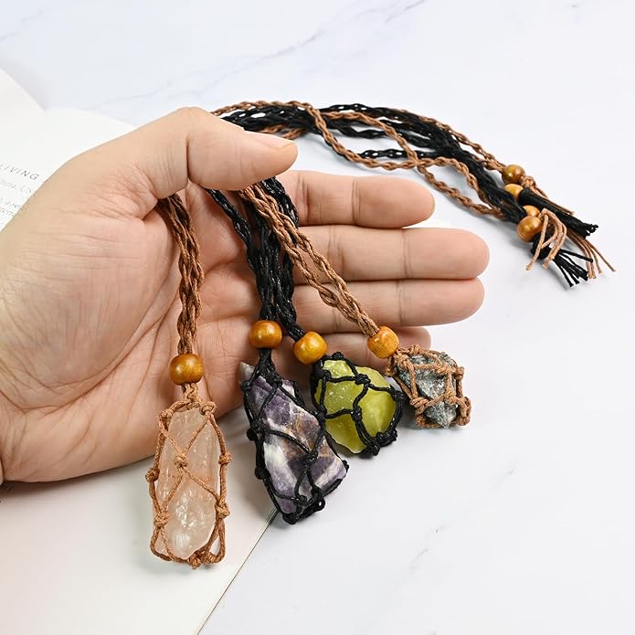 6 Pieces D20 Adjustable Necklace Cord Empty Stone Holder, Hand-Braided Crystal Holder for DIY Jewelry Making, Fits Natural Stones Quartz Beads Pendants, Wax Rope with Adjustable Knot