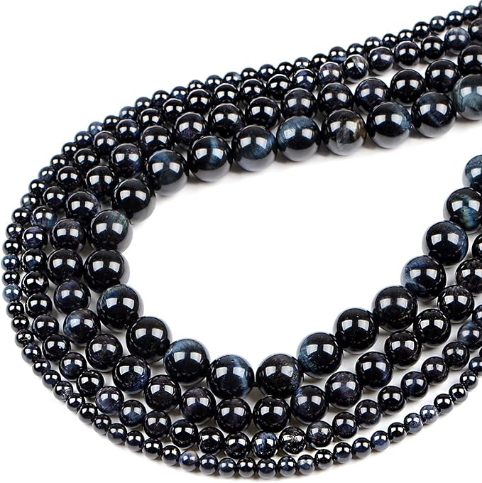 bymitel 90pcs crystal beads stone gemstone round energy healing loose beads with stretch cord for jewelry making bracelets anklets (dark blue tiger's eye, 10mm 90pcs)