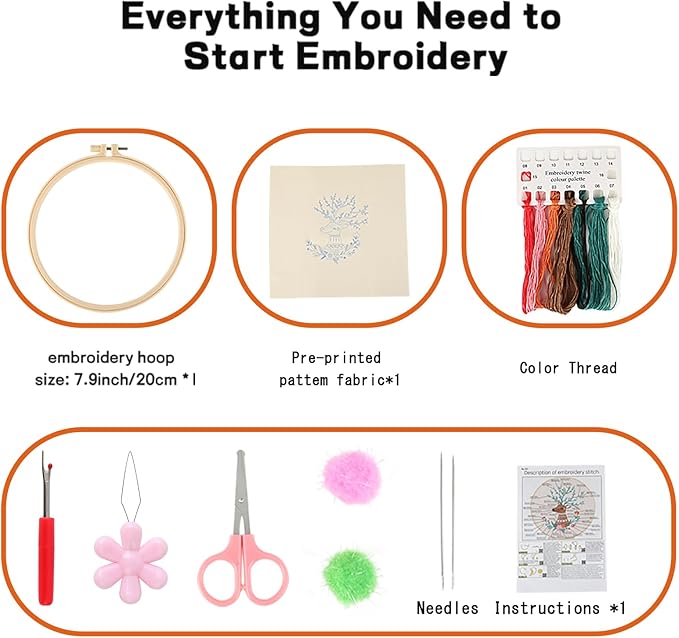 JOINRUN Beginner Embroidery Kit for Adults, Deer Cross Stitch Kits with 7.9" Hoop, Threads, Needles, Learn Stitches with Pre-Printed Patterns, Video Tutorial, DIY Needlework Craft Gift for Women