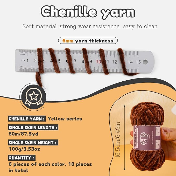 LUNARM 18 Skeins Chenille Yarn for Crocheting, Handmake Weaving Thick Soft Chunky Yarn for Blankets Clothes Crochet Craft with Crochet Hooks Needles Stitch Markers,3.53oz/Skein(Brown Series)